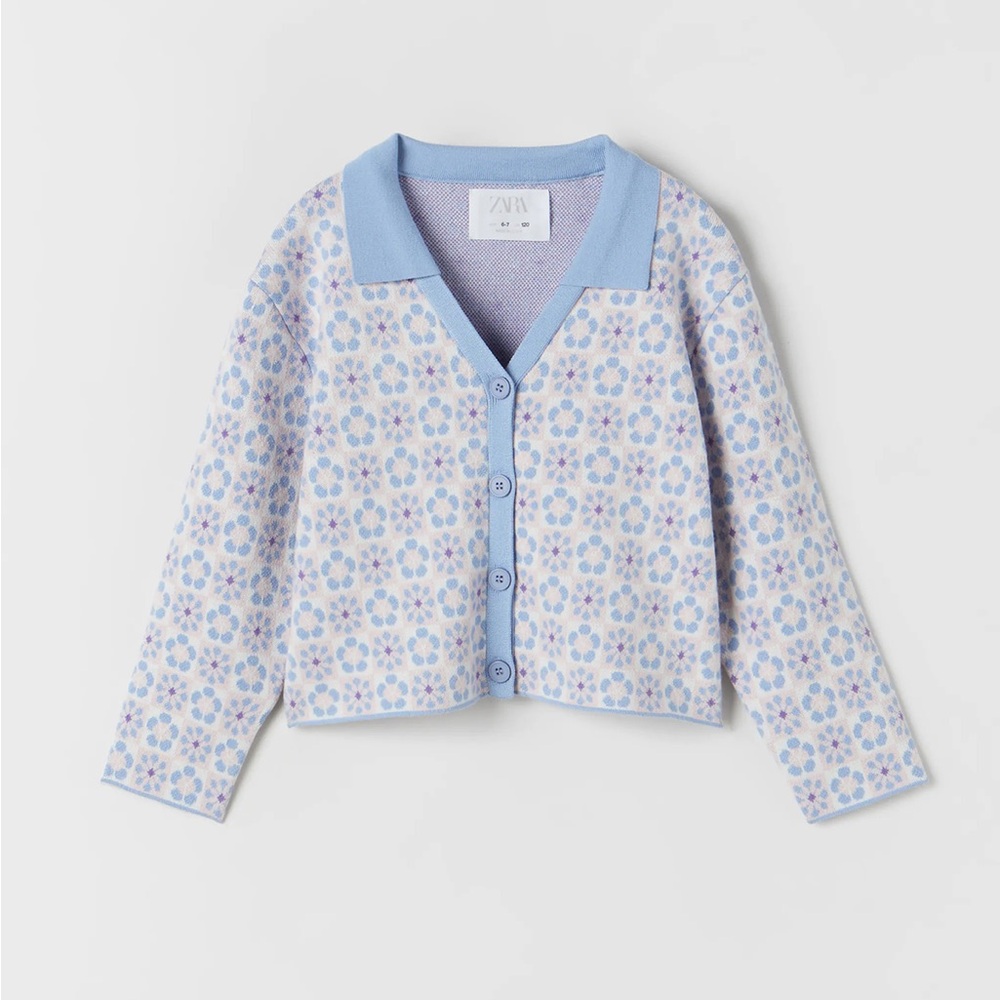 Zara Blue Floral Mosaic Retro Cropped Girls Sweater